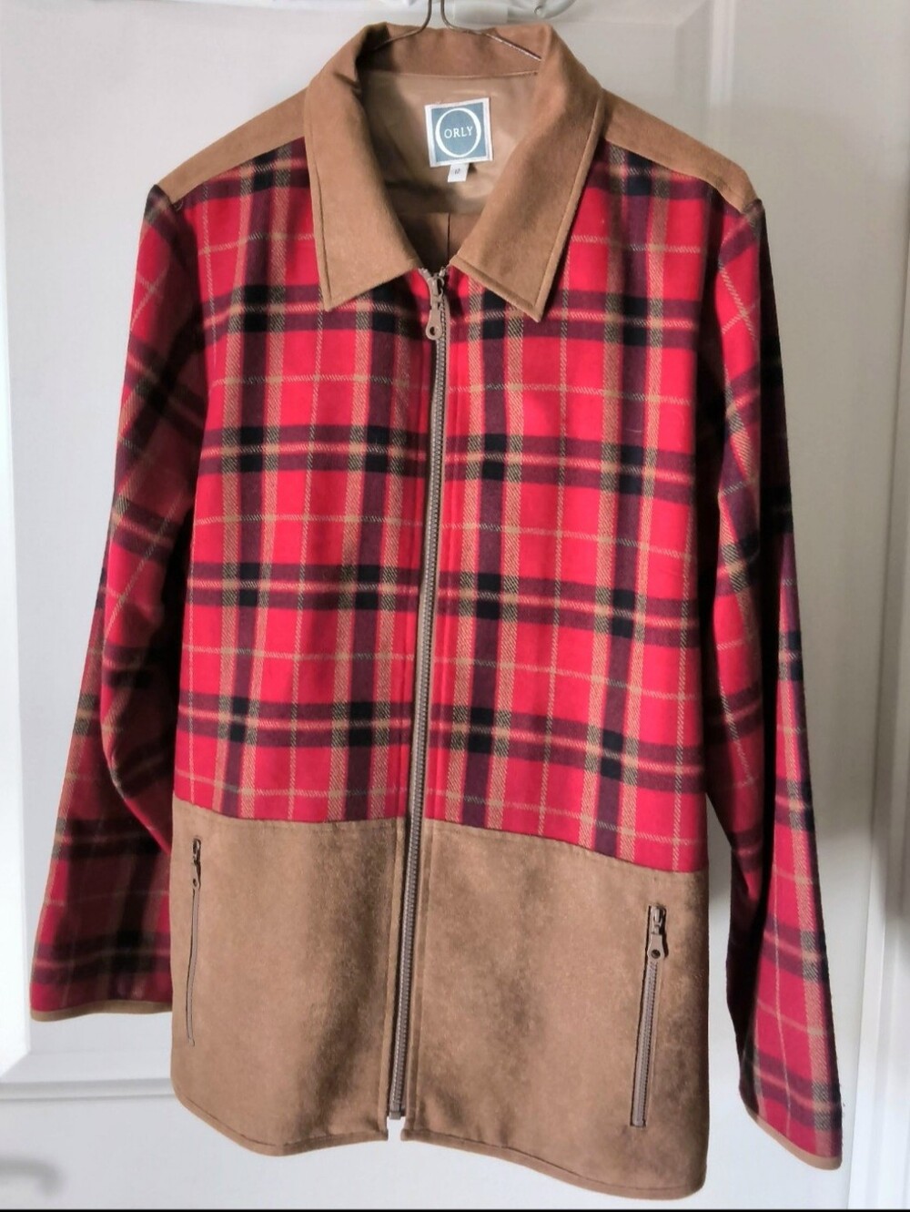 Orly Red Plaid Zip Jacket And Pants Set with Brown Suede Trim NOS